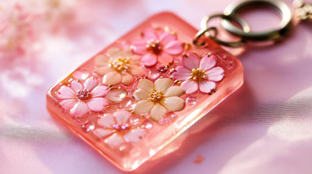 A stunning pink floral keychain featuring embedded flowers in resin, perfect for adding a touch of nature-inspired elegance to personal accessories.の素材