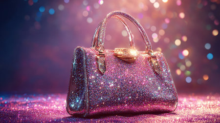 A stunning shiny handbag adorned with glitter sits elegantly against a dreamy, colorful bokeh background, emphasizing elegance and luxury in fashion.の素材