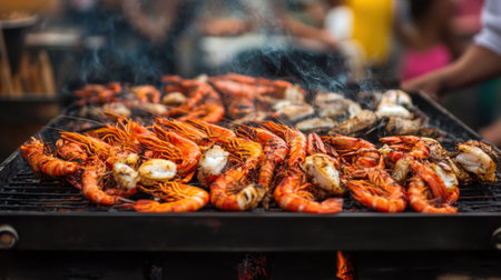A captivating scene of grilled shrimp and oysters sizzling on a charcoal grill, releasing aromatic smoke in a lively outdoor market atmosphere.の素材