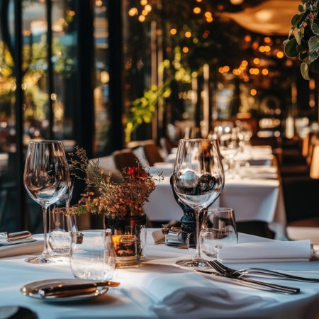 A stunning view of an elegant dining table in a modern restaurant, featuring beautifully arranged glassware, cutlery, and floral decor under warm lighting.の素材