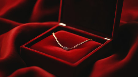 This stunning gold necklace is beautifully displayed in a luxurious velvet red box, resting atop silky fabric, creating an elegant and inviting atmosphere.の素材