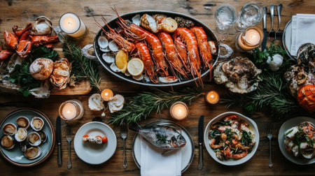A stunning seafood feast displayed on a rustic wooden table, featuring fresh lobster, clams, and crabs, complemented by candles for a cozy atmosphere.の素材