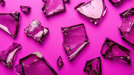 A striking composition of fragmented purple glass pieces scattered across a vibrant pink background, highlighting unique textures and colors.の素材