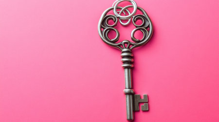 This image features a vintage styled key against a vibrant pink background, perfect for creative projects or artistic expressions emphasizing uniqueness and elegance.の素材
