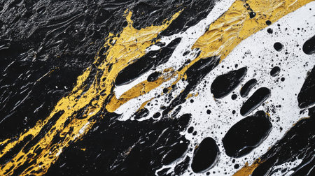 An abstract artistic image showcasing a textured black background adorned with dynamic gold and white streaks, perfect for modern design concepts.の素材