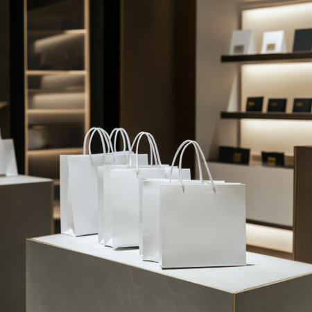 This image features a modern retail interior showcasing white shopping bags elegantly placed on a minimalist display counter. The stylish environment emphasizes contemporary design.の素材