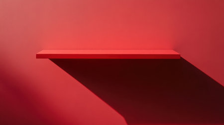 A striking image featuring a vivid red shelf against a uniformly red wall, creating a bold visual statement with deep shadows, perfect for modern decor concepts.の素材