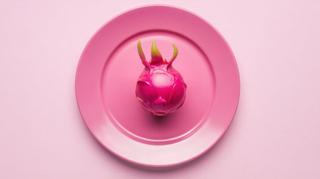 A striking dragon fruit placed on a pastel pink plate, set against a soft pink background, capturing the essence of freshness and vibrant color in food styling.の素材