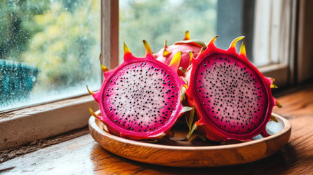 Bright and colorful dragon fruit slices artfully arranged on a wooden plate near a window, showcasing a healthy and exotic lifestyle in a natural setting.の素材