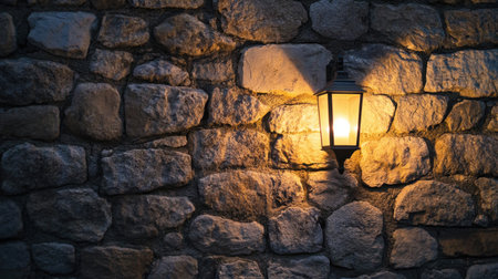 A beautiful display of a rustic stone wall illuminated by a vintage lantern, creating a warm and inviting atmosphere during the evening hours.の素材