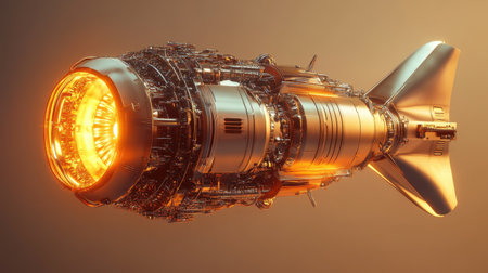Explore a stunning futuristic rocket engine featuring intricate mechanical components and a vibrant orange glow, perfect for science fiction themes and innovative design concepts.の素材