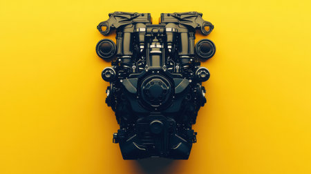 This high-resolution image showcases a black engine component against a vibrant yellow background. The modern design highlights the intricate details and engineering of automotive technology, making it perfect for industrial or creative concepts.の素材