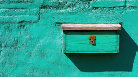 A captivating image of a vintage wooden mailbox set against a bright turquoise wall, showcasing intricate textures and natural shadows perfect for design projects.の素材