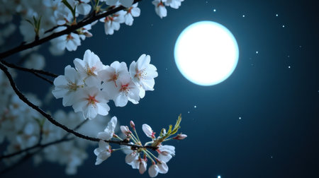 A stunning image showcasing delicate cherry blossom flowers illuminated by a bright moon against a dark, serene night sky filled with stars.の素材