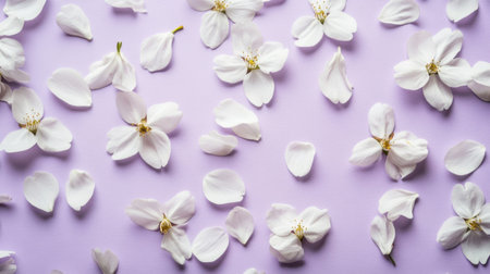 Beautiful arrangement of white flower petals scattered on a soft purple background, perfect for creative designs, aesthetic projects, or calming backgrounds.の素材