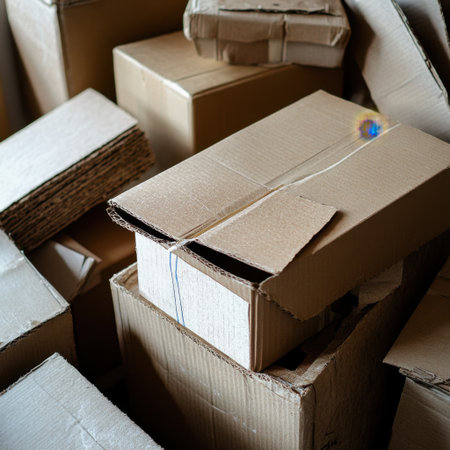 A captivating view of unsealed cardboard boxes piled high in an indoor environment, showcasing a mix of textures and forms, ideal for logistics themes.の素材
