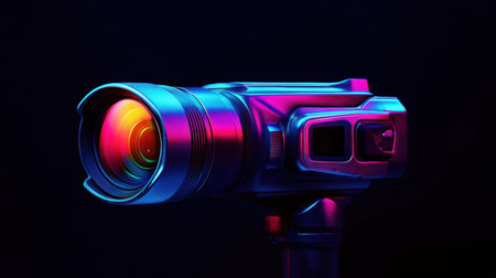 A stunning close-up of a modern camera featuring bright neon colors against a dark background, highlighting its sleek design and artistic appeal.の素材