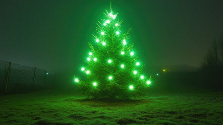 A captivating image of a glowing green Christmas tree standing in a foggy nighttime landscape, surrounded by soft grass and an enchanting atmosphere.の素材