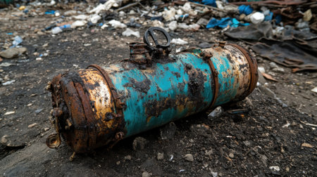 A weathered and corroded metal cylinder lies abandoned in a polluted factory environment surrounded by debris and waste. The decay reflects neglect.の素材