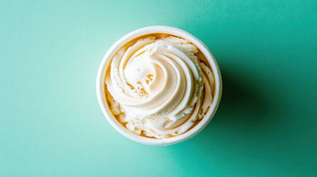 A tantalizing image of creamy vanilla ice cream in a cup set against a vibrant turquoise background. Perfect for showcasing dessert ideas, culinary delights, and summer treats.の素材