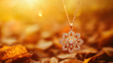 This stunning gold pendant necklace, featuring a delicate flower design with sparkling diamonds, shines beautifully against a warm autumn backdrop.の素材