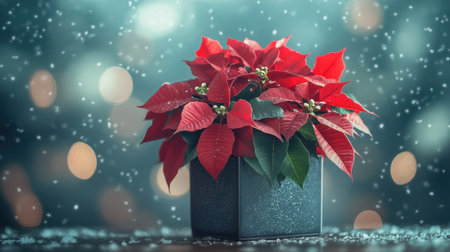 A stunning red poinsettia plant in a stylish pot, surrounded by gently falling snowflakes and a dreamy bokeh background, perfect for holiday celebrations.の素材