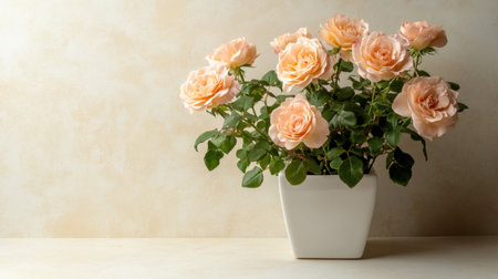 A stunning arrangement of pink roses in a stylish white pot against a soft neutral background, perfect for enhancing home decor and floral displays.の素材