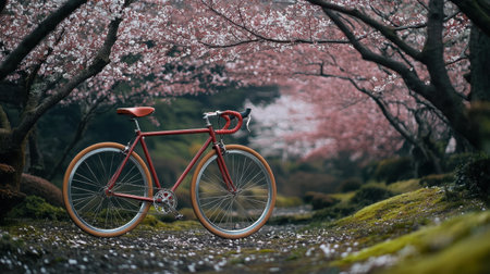 A vintage bicycle stands on a tranquil path surrounded by blooming cherry blossom trees, creating a serene and picturesque spring landscape.の素材
