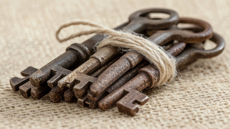 A collection of vintage antique keys tied with twine, set against a rustic background, perfect for home decor or creative projects with nostalgic charm.の素材