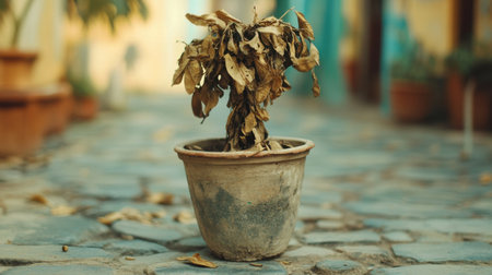 A withered plant rests in a rough clay pot on a cobblestone pathway, surrounded by dried leaves, capturing the essence of abandonment and nature's cycle.の素材