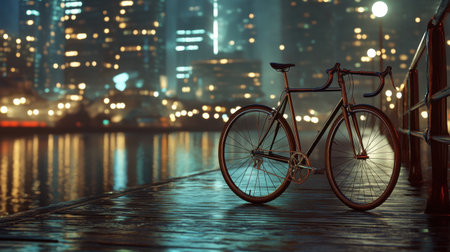 A serene night scene featuring a bicycle on a wooden pier beside still water, surrounded by the luminous glow of a vibrant city skyline.の素材