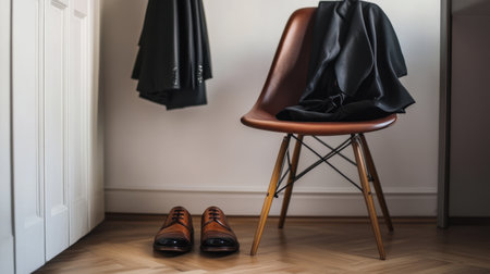 This image showcases a pair of elegant brown leather shoes paired with a stylish black jacket resting on a modern chair, creating a chic and minimalist room setting.の素材