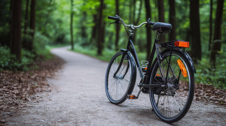 A black bicycle stands on a gravel trail in a serene forest, surrounded by tall trees and lush greenery, inviting leisurely exploration and outdoor adventure.の素材