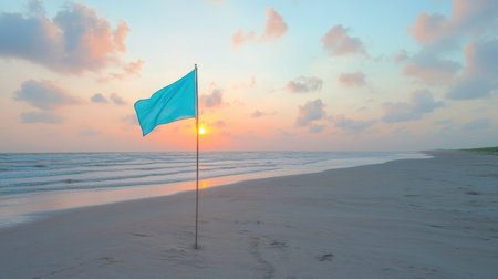 A serene beach scene at sunset featuring a blue flag gently waving in the breeze against a backdrop of soft, colorful sky and gentle waves.の素材