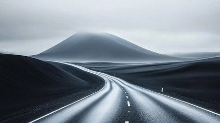 A captivating image featuring a winding road that traverses a stark and minimalist landscape of black sand and fog. The distant mountain peaks loom eerily, creating a serene yet dramatic atmosphere that invites exploration and reflection.の素材