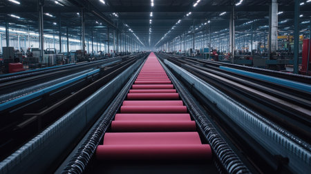 A vast industrial factory features a conveyor belt system with pink rollers. The image captures the depth of production and efficiency in a modern workspace.の素材