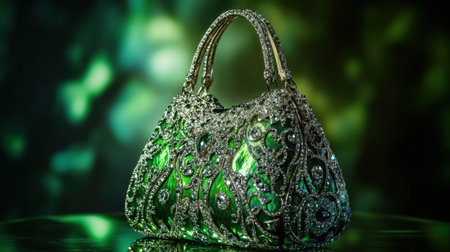 A stunning green handbag adorned with intricate embellishments and sparkling jewels, set against a softly blurred dark background, capturing luxury and elegance.の素材