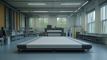 This image depicts a spacious industrial workshop featuring a large printing machine, highlighted by generous natural light and a clean, modern layout.の素材