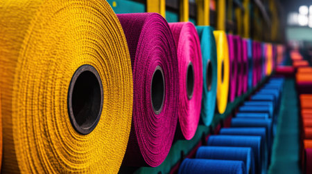A stunning display of colorful fabric rolls is arranged in a textile workshop, highlighting an array of vibrant hues perfect for sewing and crafting.の素材