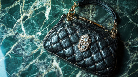 This elegant black handbag with a striking jewel detail rests beautifully on a polished marble surface, showcasing luxury and sophisticated style.の素材