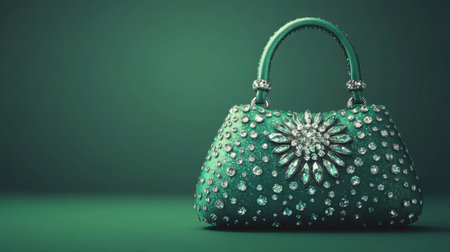 This stunning handbag showcases intricate bejeweled details and sparkling gems against an elegant green backdrop, radiating luxury and sophistication.の素材