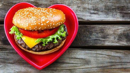 A delicious hamburger with fresh lettuce, ripe tomato, and melted cheese served on a red heart-shaped plate against a rustic wooden background.の素材