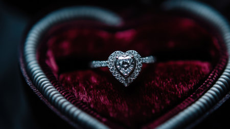 A stunning heart-shaped ring featuring a central diamond, placed elegantly in a luxurious red velvet box, perfect for romantic occasions and special gifts.の素材