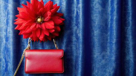 A striking red handbag paired with a bold flower accent, set against a rich blue background. Perfect for fashion promotions, lifestyle blogs, or creative projects.の素材