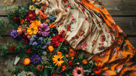 A stunning composition featuring a floral arrangement intertwined with an elegant fabric on a rustic wooden background, showcasing nature's beauty.の素材