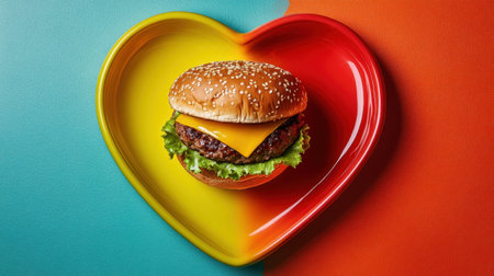 A vibrant cheeseburger showcased on a heart-shaped plate, offering an eye-catching presentation ideal for food marketing or culinary content.の素材