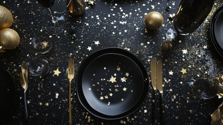 This image showcases an elegant table setting adorned with sparkling stars and golden ornaments on a sleek black background, perfect for any festive celebration.の素材