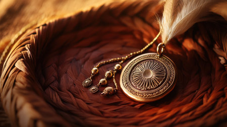 A captivating gold pendant featuring intricate detailing and delicate feathers, beautifully displayed on a natural woven background, exuding vintage charm.の素材