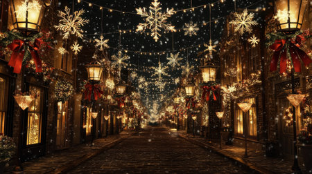 This enchanting winter street scene captures the magic of the holiday season with glowing lanterns, sparkling snowflakes, and festive decorations, creating a warm and inviting atmosphere perfect for celebrating Christmas.の素材