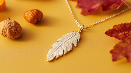 This stunning gold feather pendant necklace rests on a bright yellow background, surrounded by autumn elements, creating a warm and elegant atmosphere.の素材